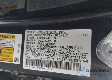 2024 Honda Accord Lx из США, поврежденный, VIN 1HGCY1F24RA020166